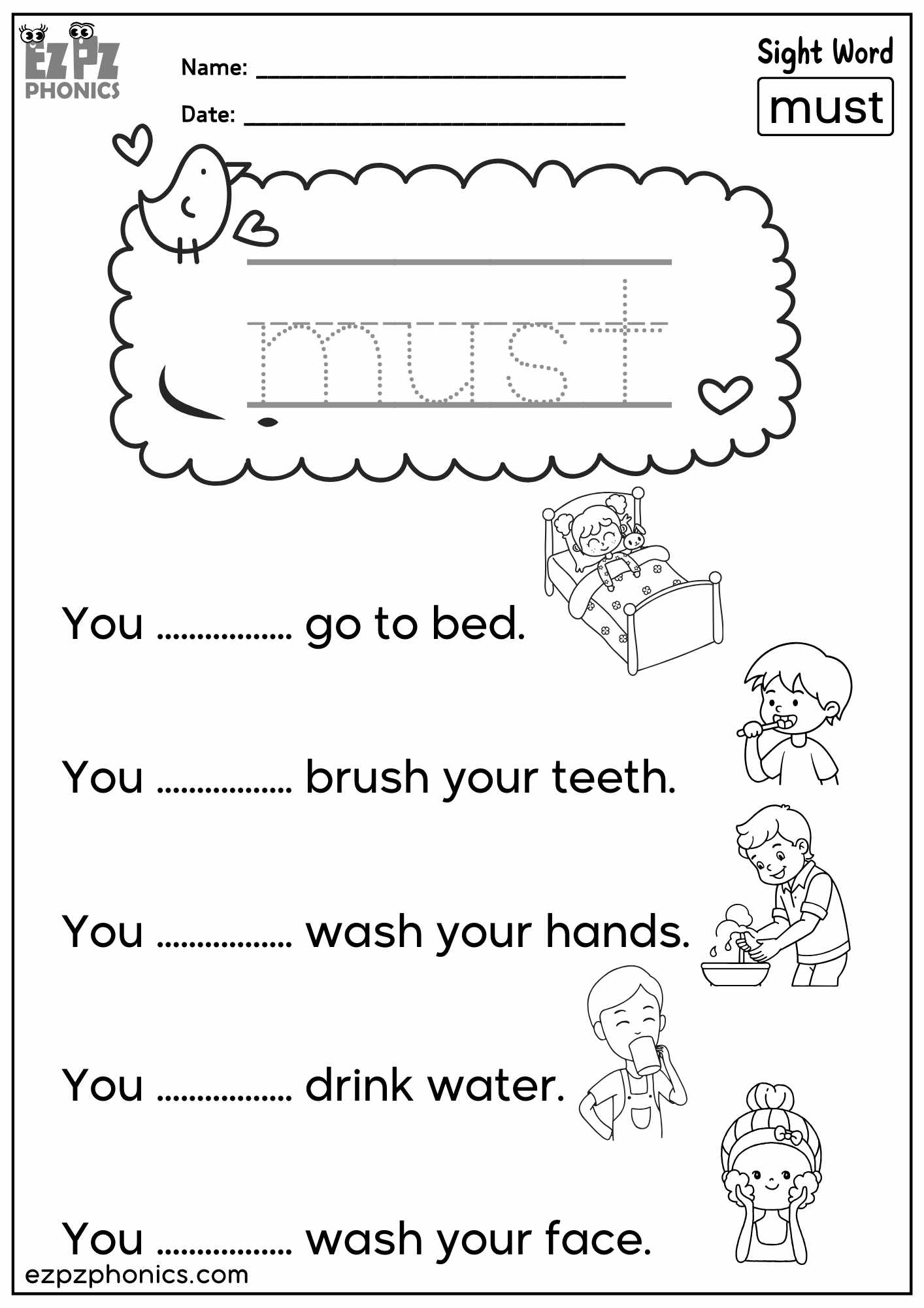 “Must” Sight Word Sentences – Fun Dolch Sight Words Practice for Kindergarten & First Grade - PDF Download